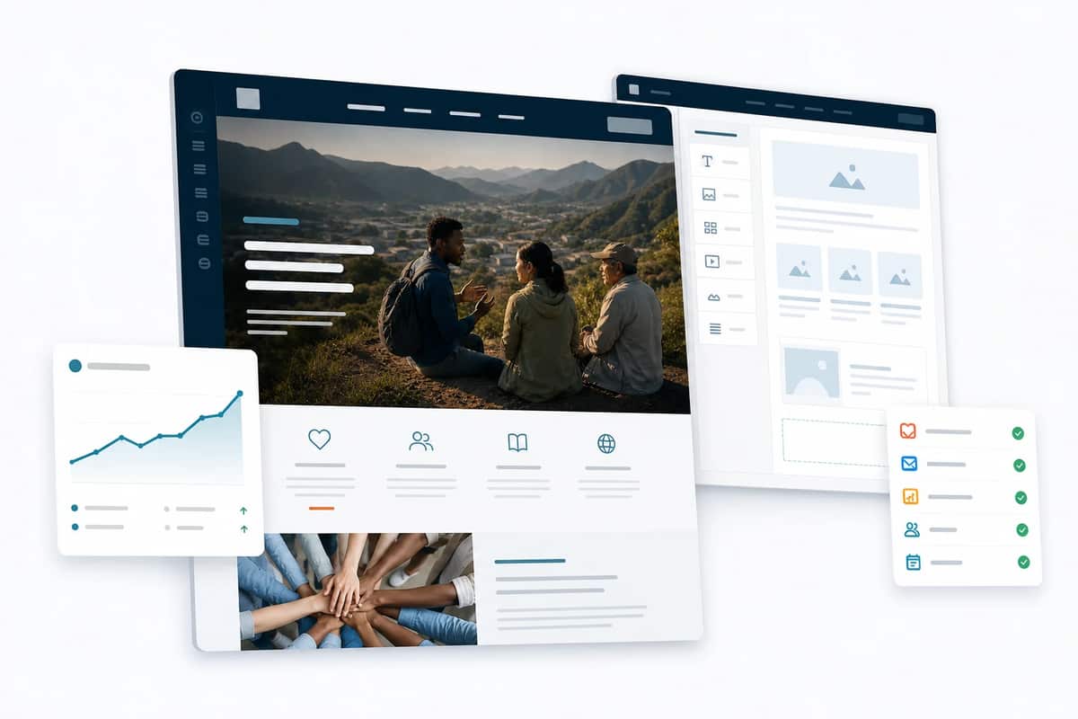 Ministry Impact Platform website screens with analytics panels