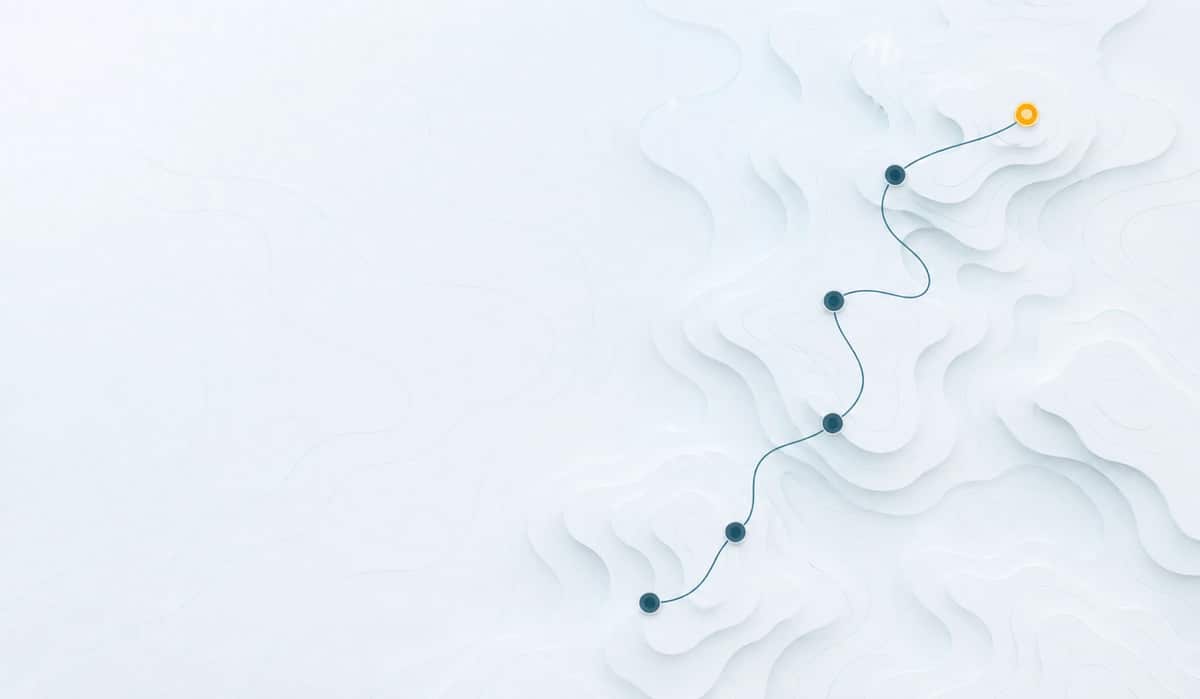 An illustrated visitor journey path winding across a light topographic map