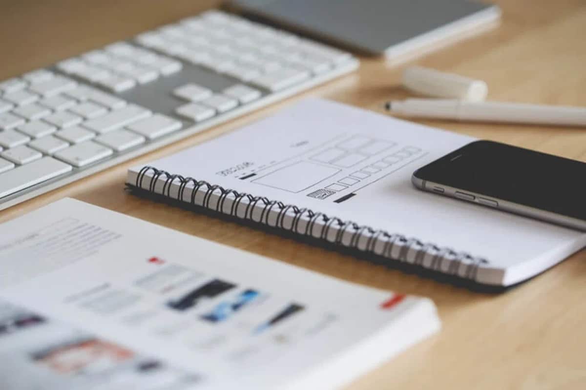 Desk with an open notebook
