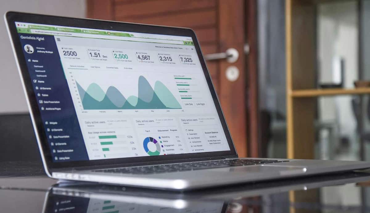 A laptop on a desk showing campaign performance charts