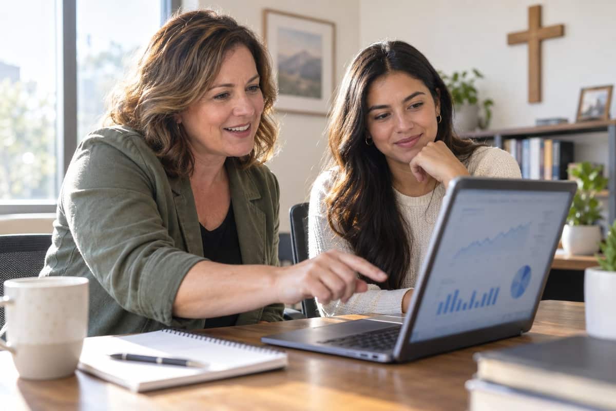 A ministry communications director and a colleague review search campaign results on a laptop