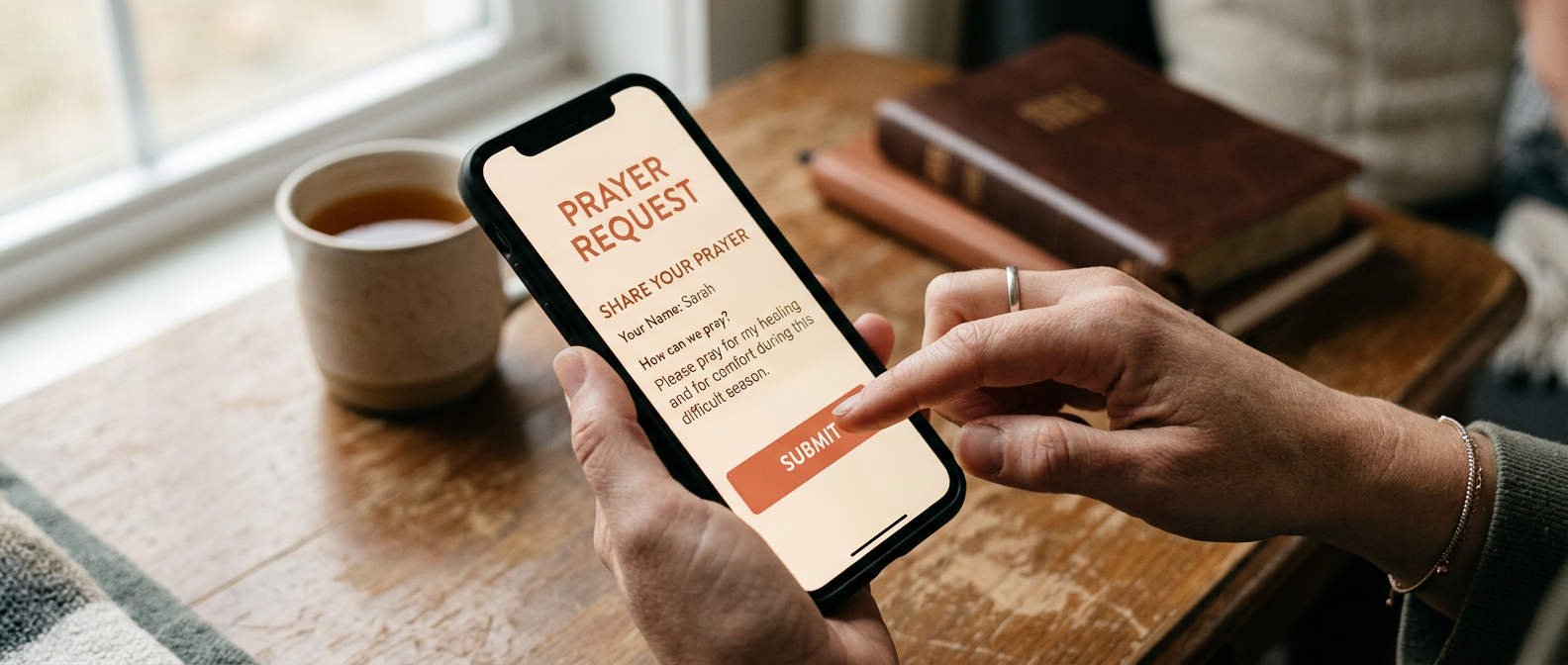 A user on a mobile device engaging with a ministry by submitting a prayer request. 