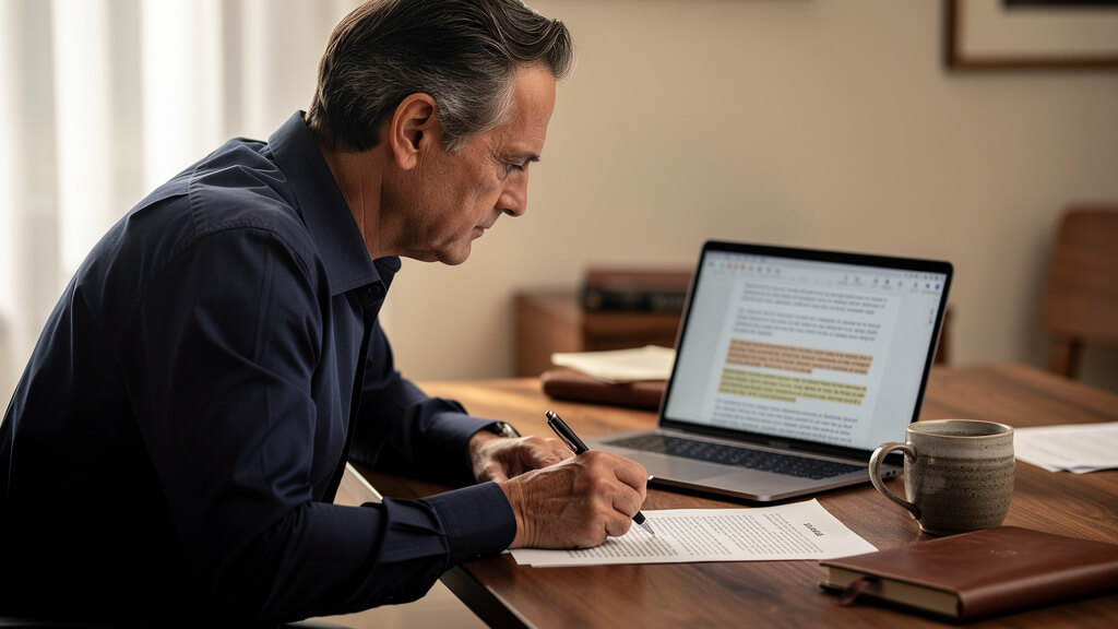 Business man reviewing and editing content at a desk. 