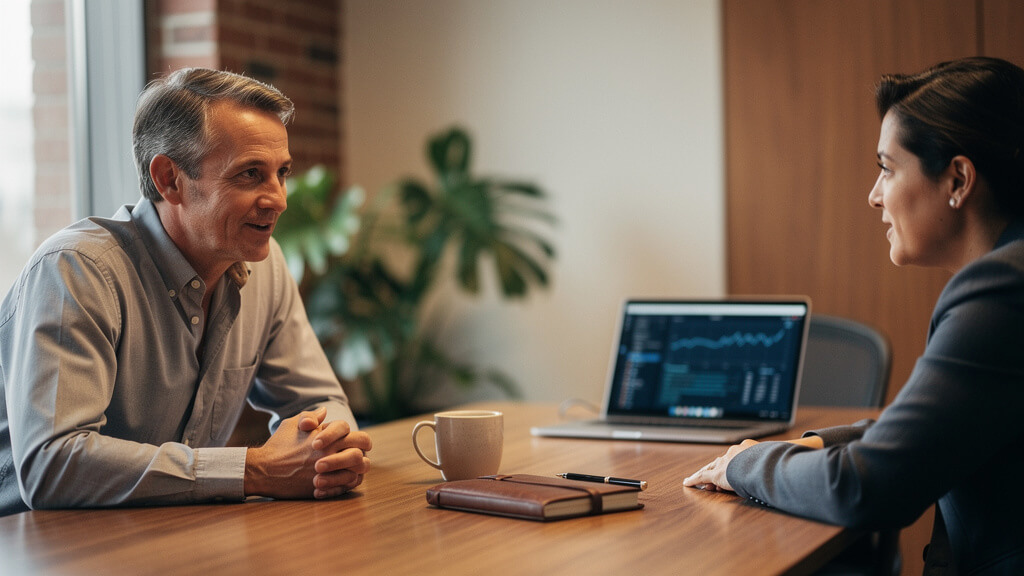 Colleagues sitting at a desk having a conversation
