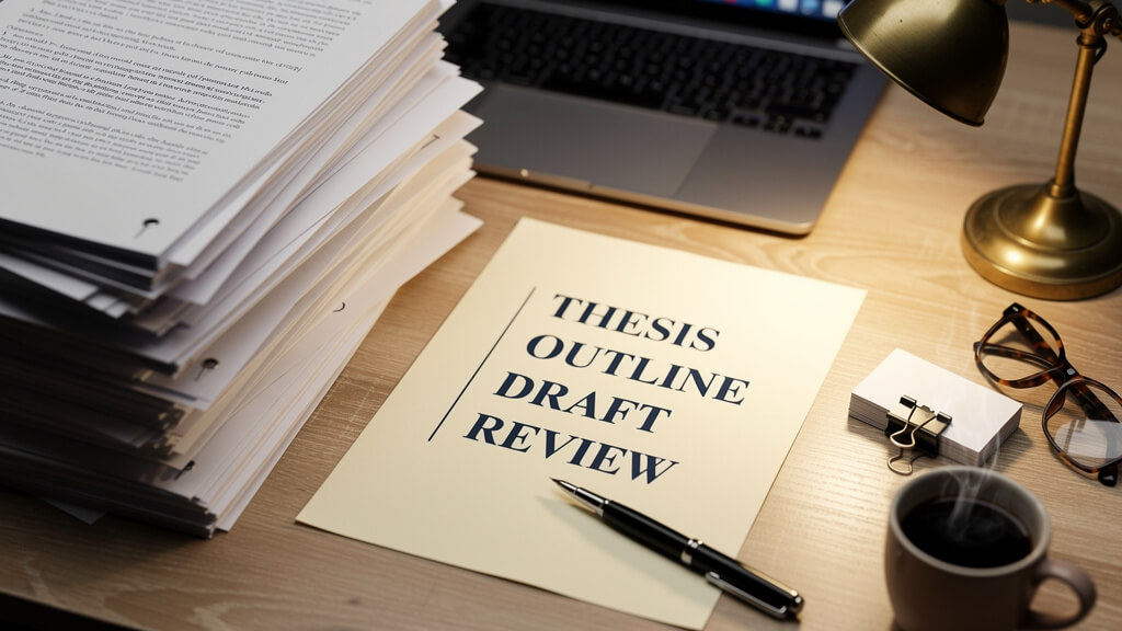 Desk with a stack of papers and a document labeled "Thesis Outline Draft Review".