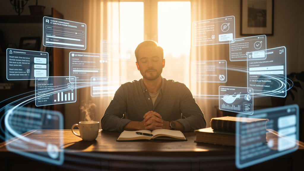 Man sitting at a desk using wisdom to evaluate AI-driven tasks