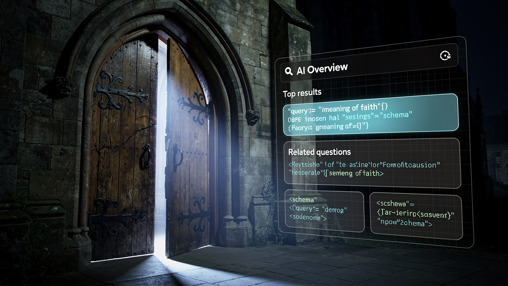 Open set of doors with a virtual search screen showing AI Search Top Results