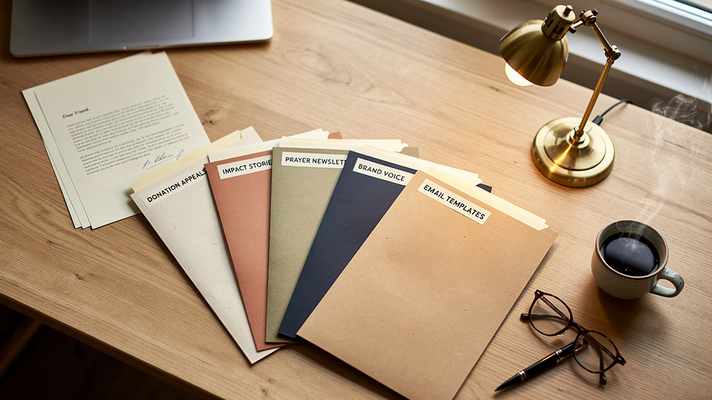Folders fanned on a table with various content description labels. 