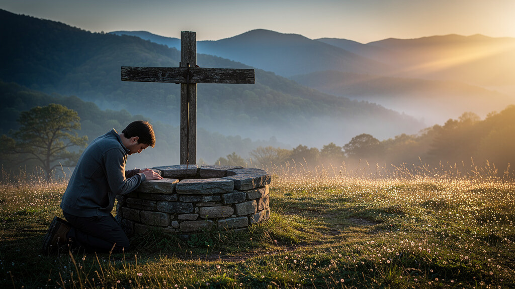 Man praying in the countryside at the endge of a well with a cross behind it. 